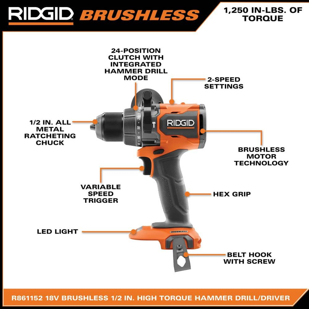 RIDGID 18V Brushless Cordless 1/2 in. High Torque Hammer Drill/Driver with (2) 4.0 Ah Batteries, Charger, and Bag R861152B-AC93044SBN