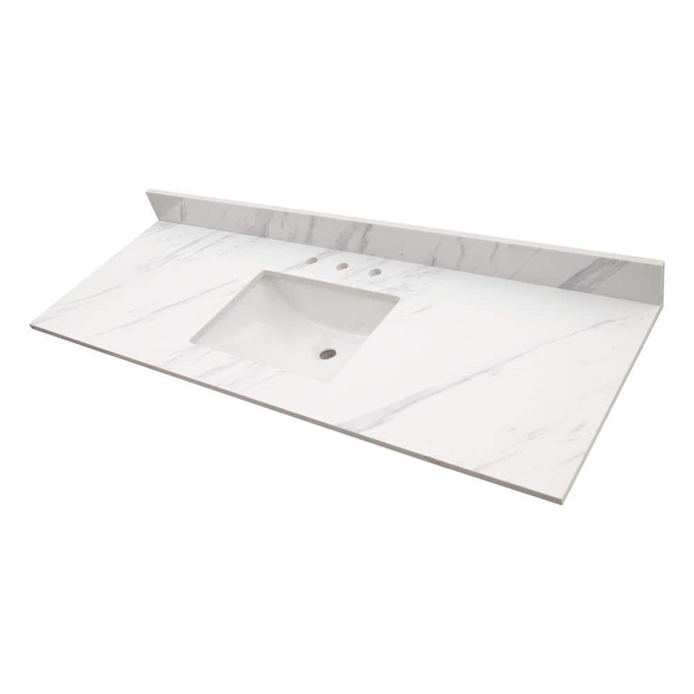 AampA Surfaces Calacatta Lumas 61 in W x 22 in D Engineered Marble Vanity Top in White with White Rectangle Single Sink