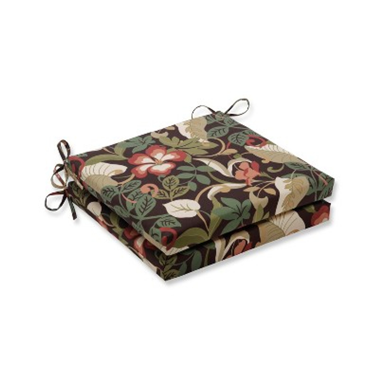 20x20x3 2pc Outdoor Chair Cushions - Brown/Green Floral - Pillow Perfect