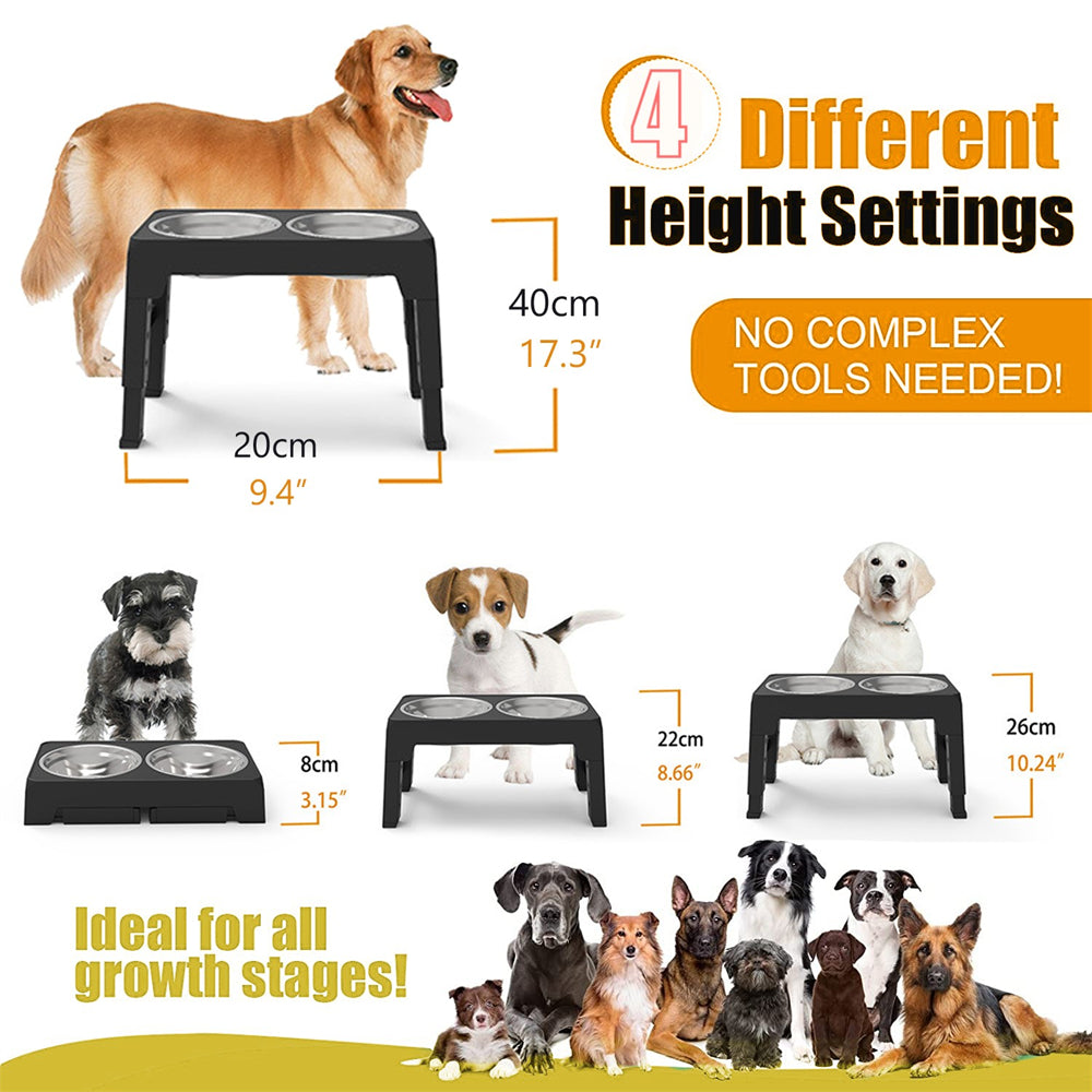 Elevated Dog Bowls, 4 Height Adjustable Raised Dog Bowl with 2 Stainless Steel Dog Food Bowls for Small Medium Large Dogs and Pets(Black)