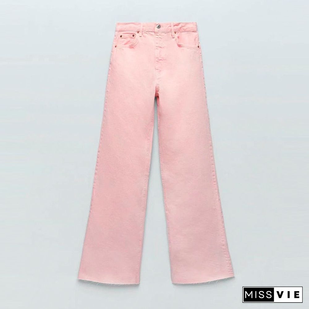 Spring Autumn Women Vintage Blue Pink Denim Trousers Casual Solid Pockets High Waist Straight Jeans Pants Ladies Mujer