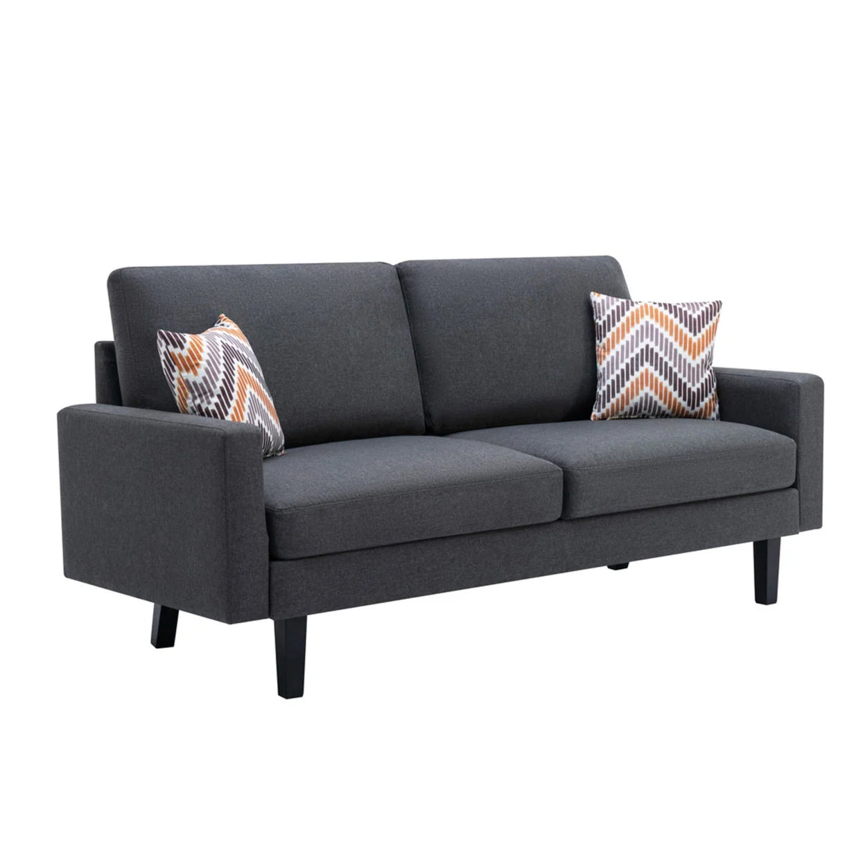 Gala Sofa, Smooth Dark Gray Linen Fabric, 2 Pillows, Black Solid Wood Frame- Saltoro Sherpi