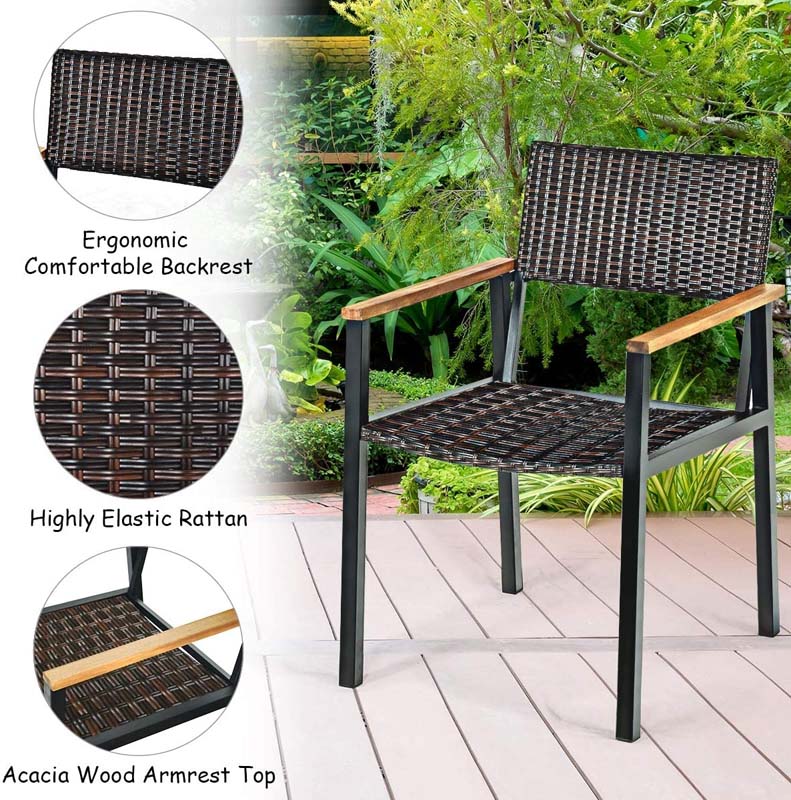 7 Pcs Rattan Patio Dining Set with 2.16'' Umbrella Hole, Acacia Wood Tabletop, Wicker Armchairs