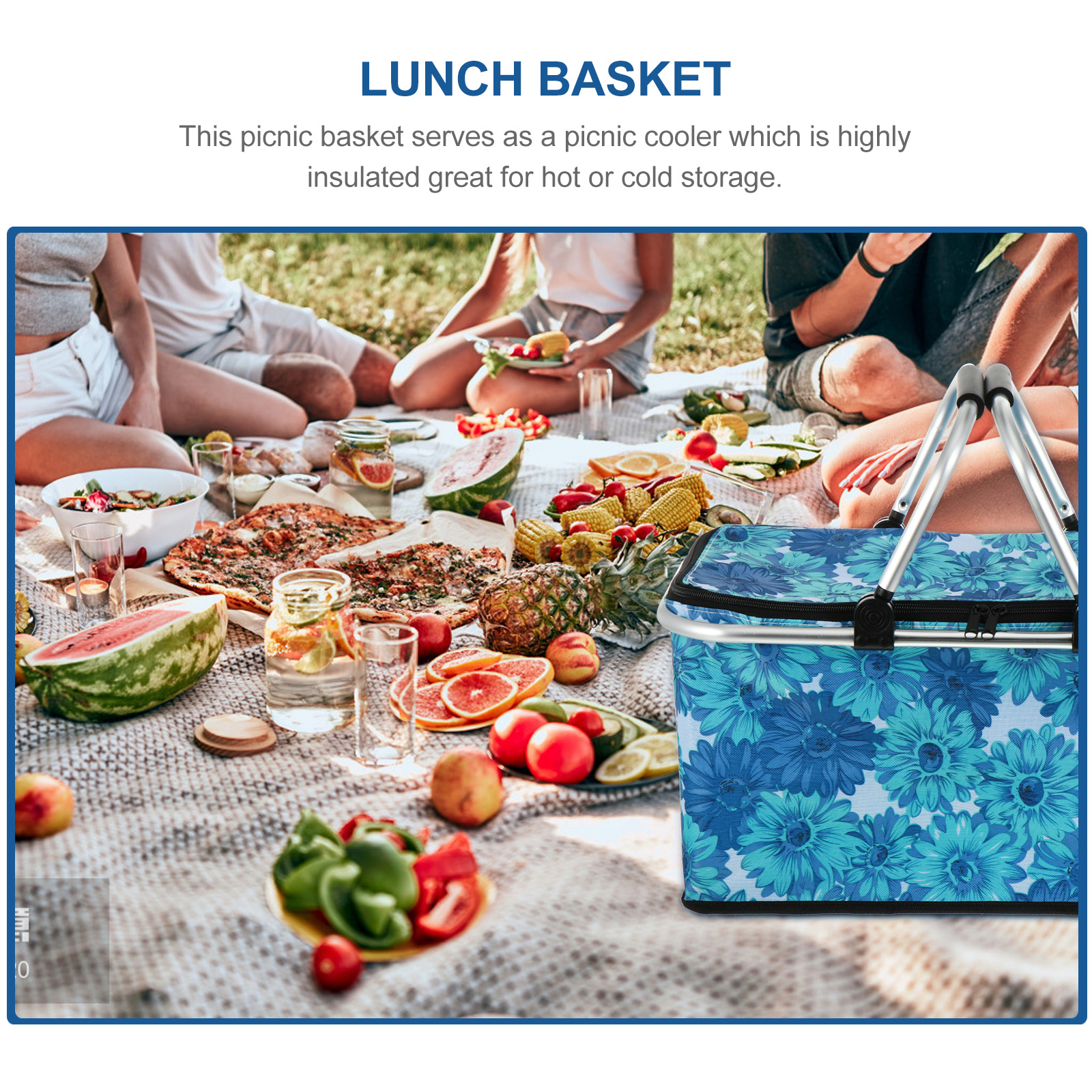 Hemoton Large Capacity Lunch Basket Collapsible Insulated Picnic Bag Folding Basket