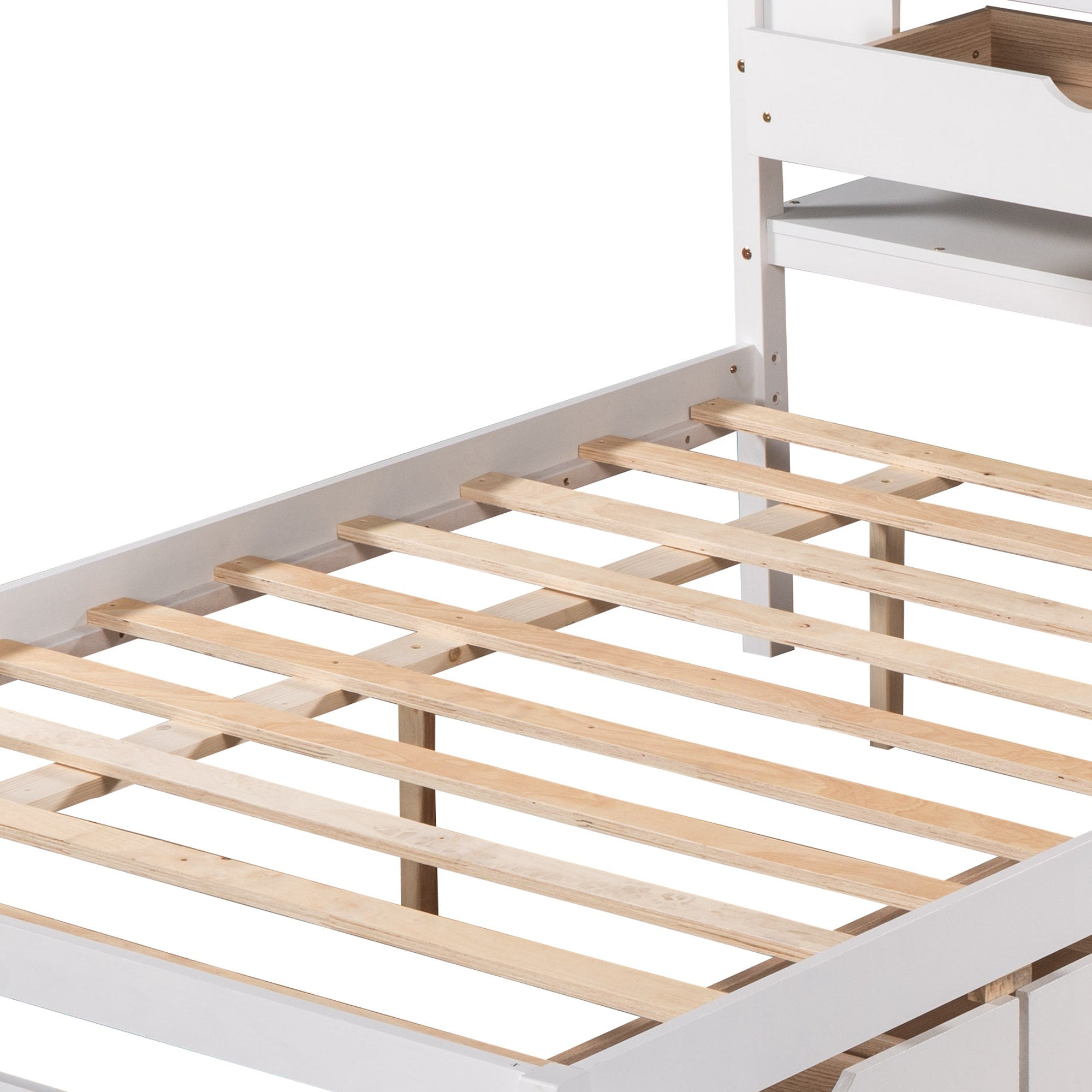 Full L-Shaped Platform Beds with Trundle, Drawers and Table for Kids Bedroom, White