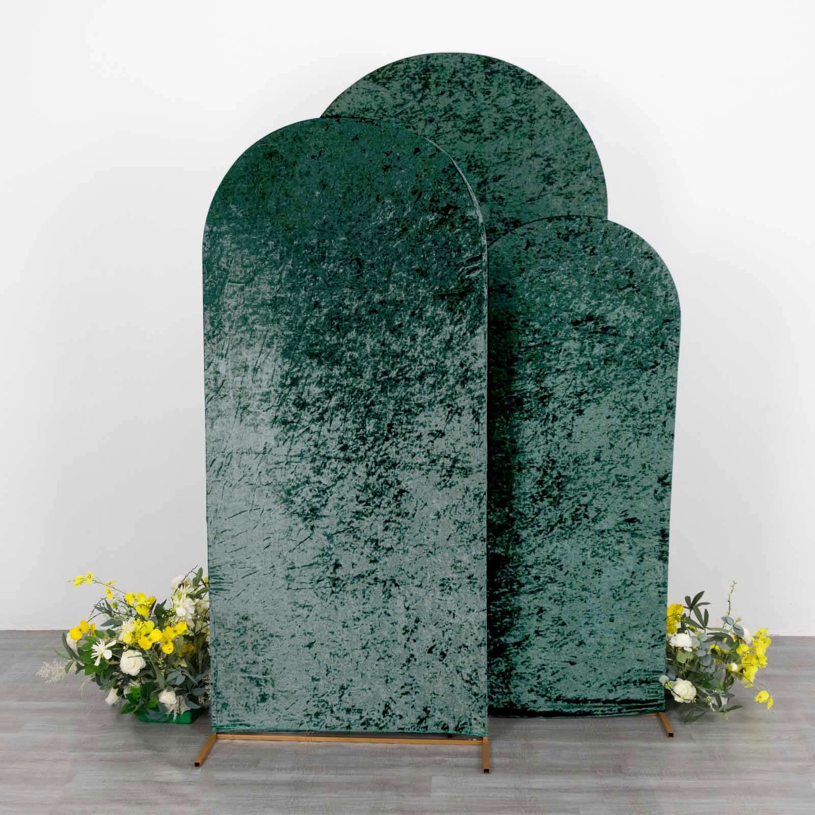 Set of 3 Hunter Emerald Green Crushed Velvet Chiara Wedding Arch Covers For Round Top Backdrop Stands 5ft, 6ft, 7ft