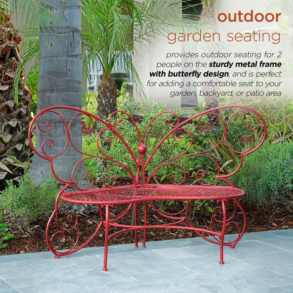 Alpine Corporation 61 in. x 26 in. Outdoor 2 Person Metal Butterfly Shaped Garden Bench, Red BAZ400RD