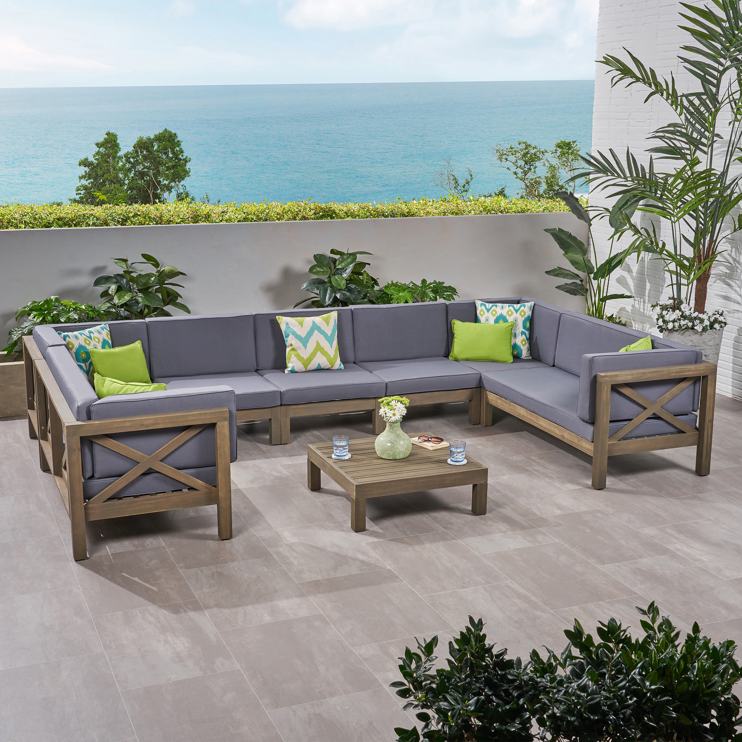 Isabella Outdoor 9 Seater Acacia Wood Sectional Sofa Set