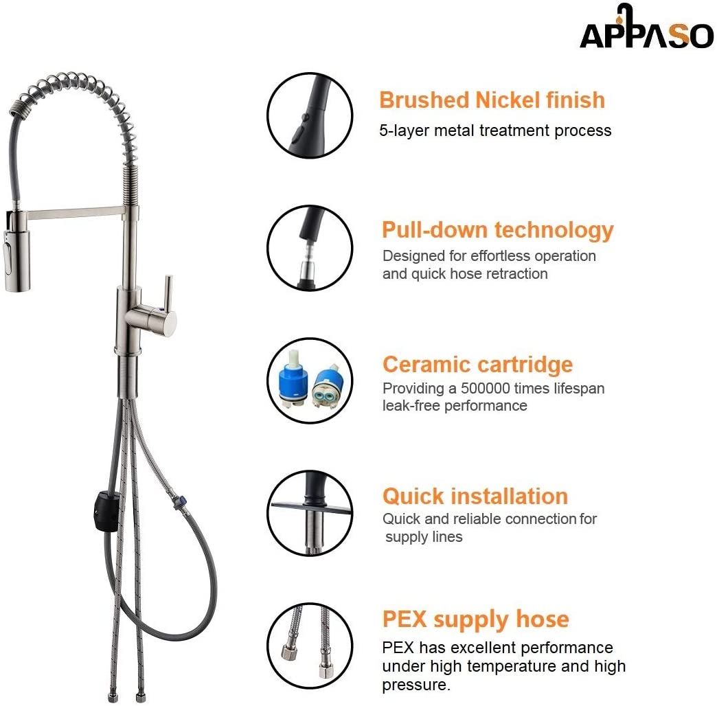 APPASO Modern Spring Commercial Pull Down Kitchen Faucet Brushed Nickel 163BN