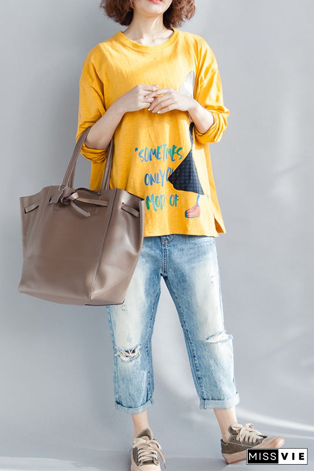 Elegant yellow cotton linen tops women plus size Wardrobes o neck long sleeve loose spring top