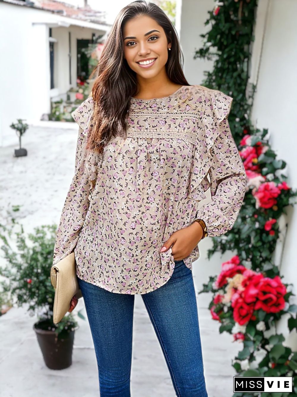 Ruffle Shoulder Crochet Detail Floral Blouse