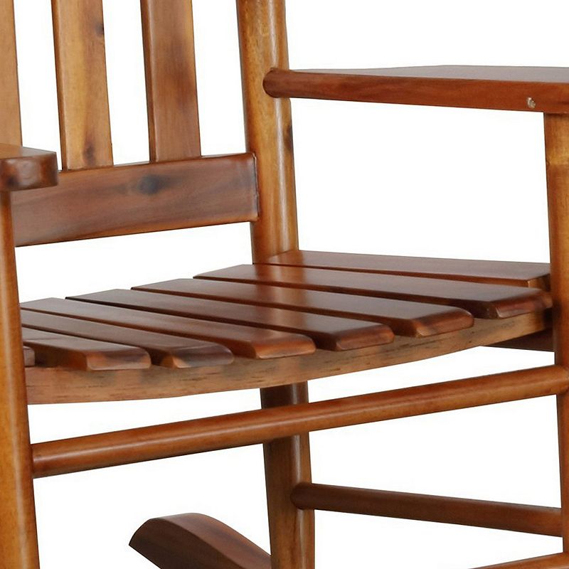 Rocking Chair with Slatted Design Back and Seat， Brown