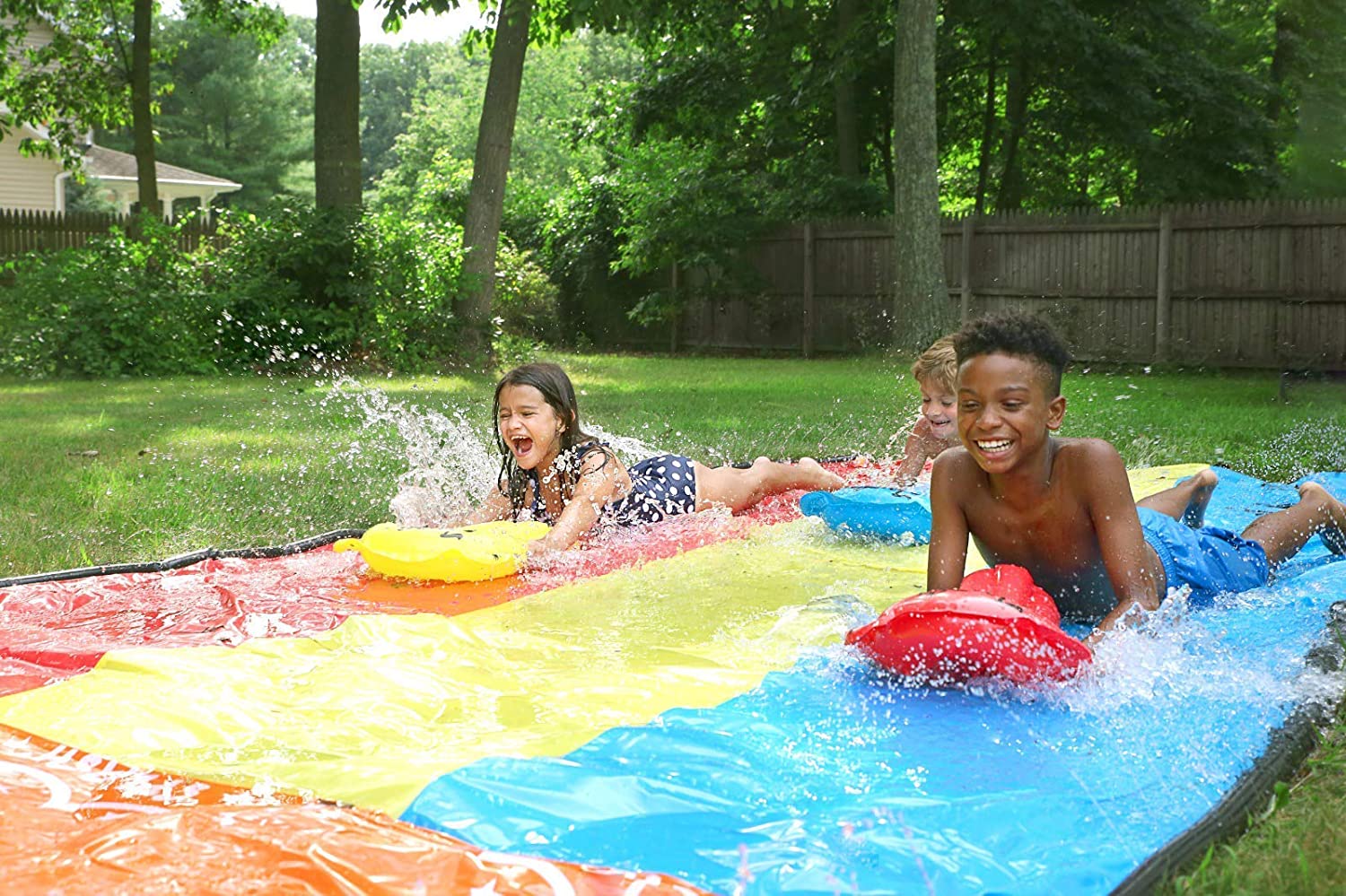 Intera Triple Lane Slip, Splash and Slide for Backyards | Water Splash Slide Waterslide with 3 Boogie Boards | 16 Foot Three Sliding Racing Lanes with Sprinklers | Durable Quality PVC Construction