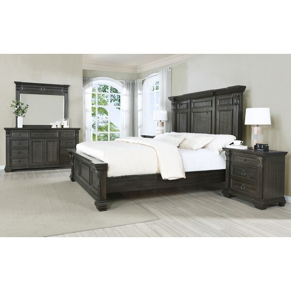 Roundhill Furniture Farson Distressed Dark Walnut Finish Wood Panel Bed， Dresser， Mirror， Two Nightstands - - 33084959