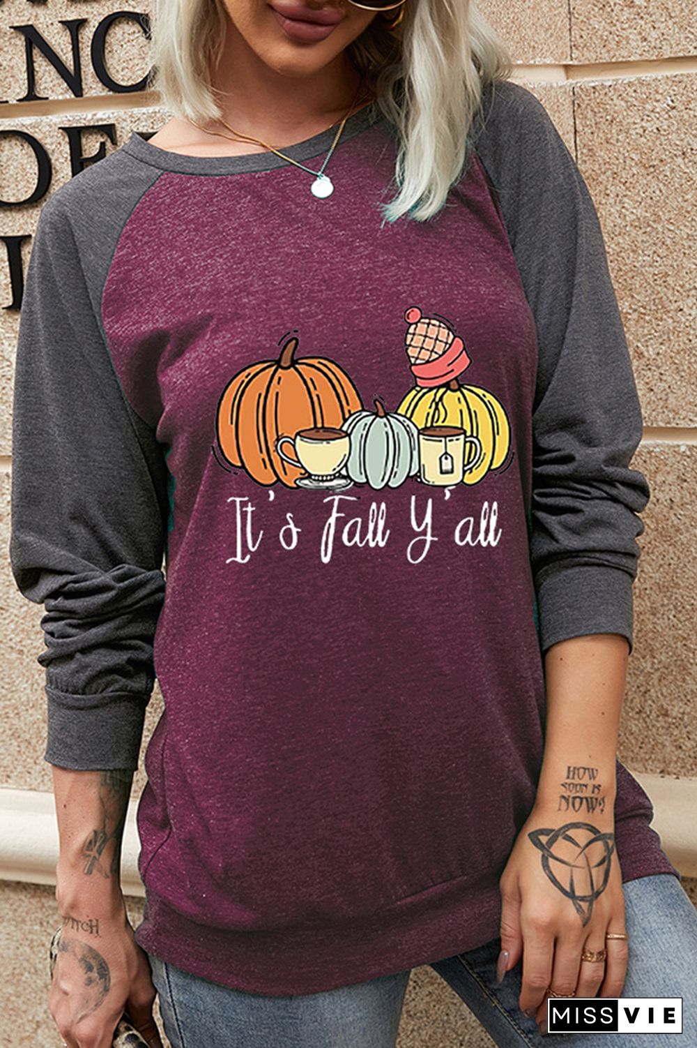 It's Fall Y'all Print Round Neck Graphic Sweatshirts Wholesale