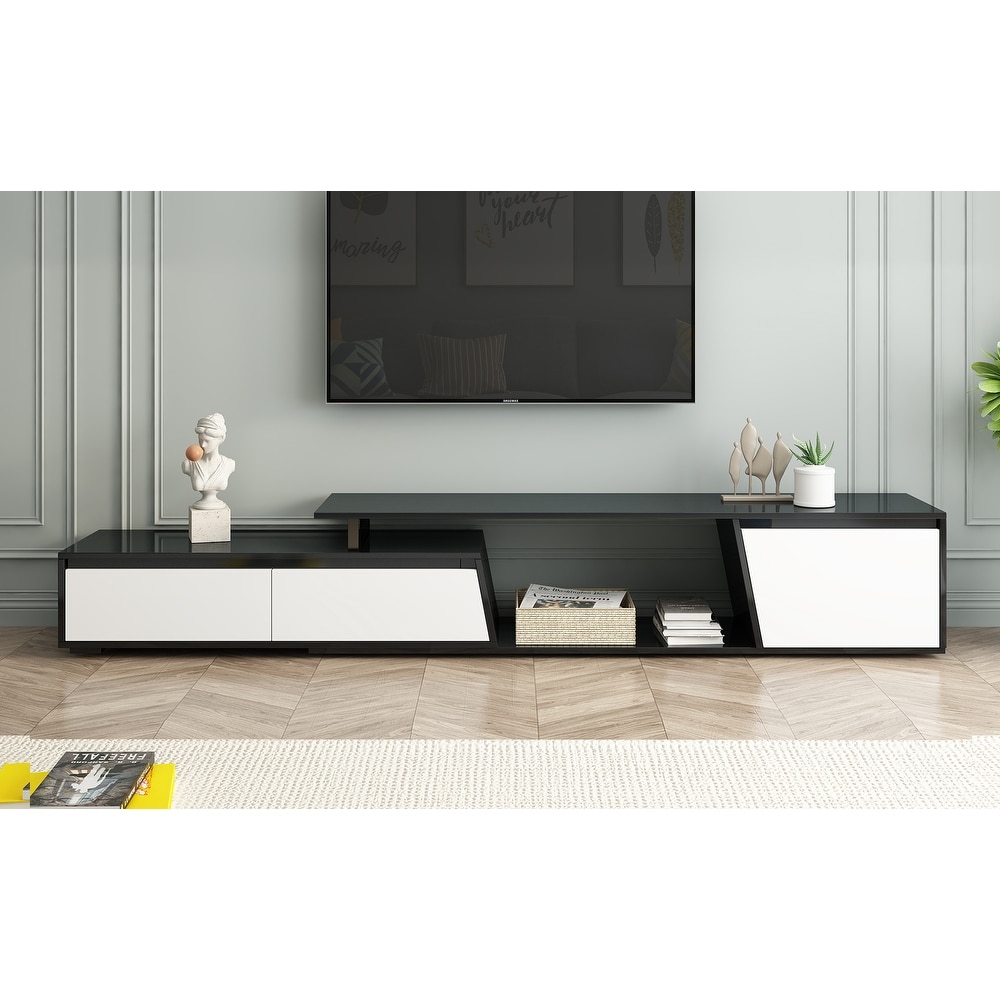 Minimalist Retractable Extendable TV Stand  Wood Media Entertainment Center for Livingroom  Storage Console Cabinet with Drawers