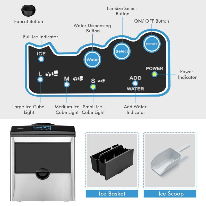 48LBS/24H 2-in-1 Stainless Steel Countertop Ice Maker Machine with Chilled Water Dispenser & 5LBS Ice Storage Basket