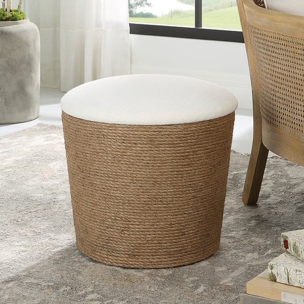 Beige Upholstered Accent Stool with Fiber Rope Base - 18.25