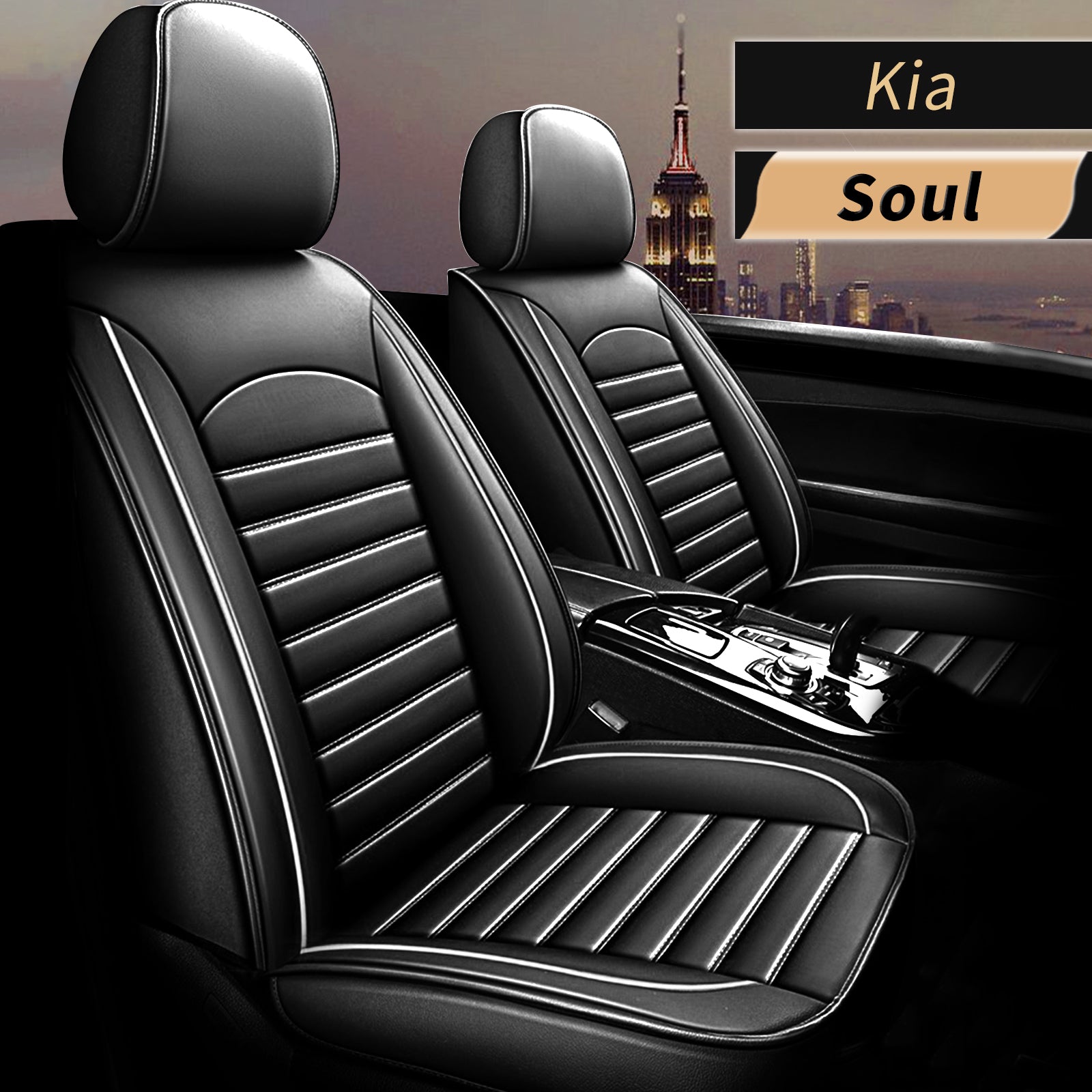 AOMSAZTO Fit Kia Soul 2010-2021 Black and White Car seat Cover 5-seat Faux Leather Full Set Compatible Airbag