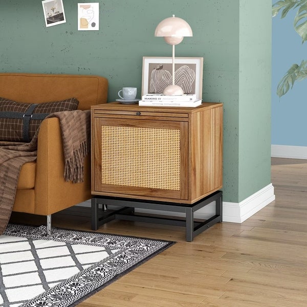 Natural 1 Rattan Door Cabinet， End Table， Sofa Side Table， Nightstand with Adjustable Pull Plate and Metal Base