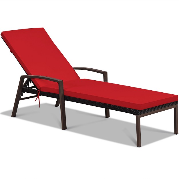 Costway Patio Rattan Lounge Chair Chaise Recliner Back Adjustable Cushioned Outdoor Red