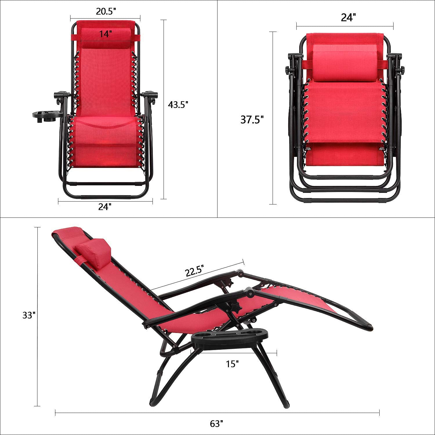 Devoko 2 PCS Zero Gravity Chair Outdoor Lounge Patio Chair Camp Reclining Lounge Chairs, Red