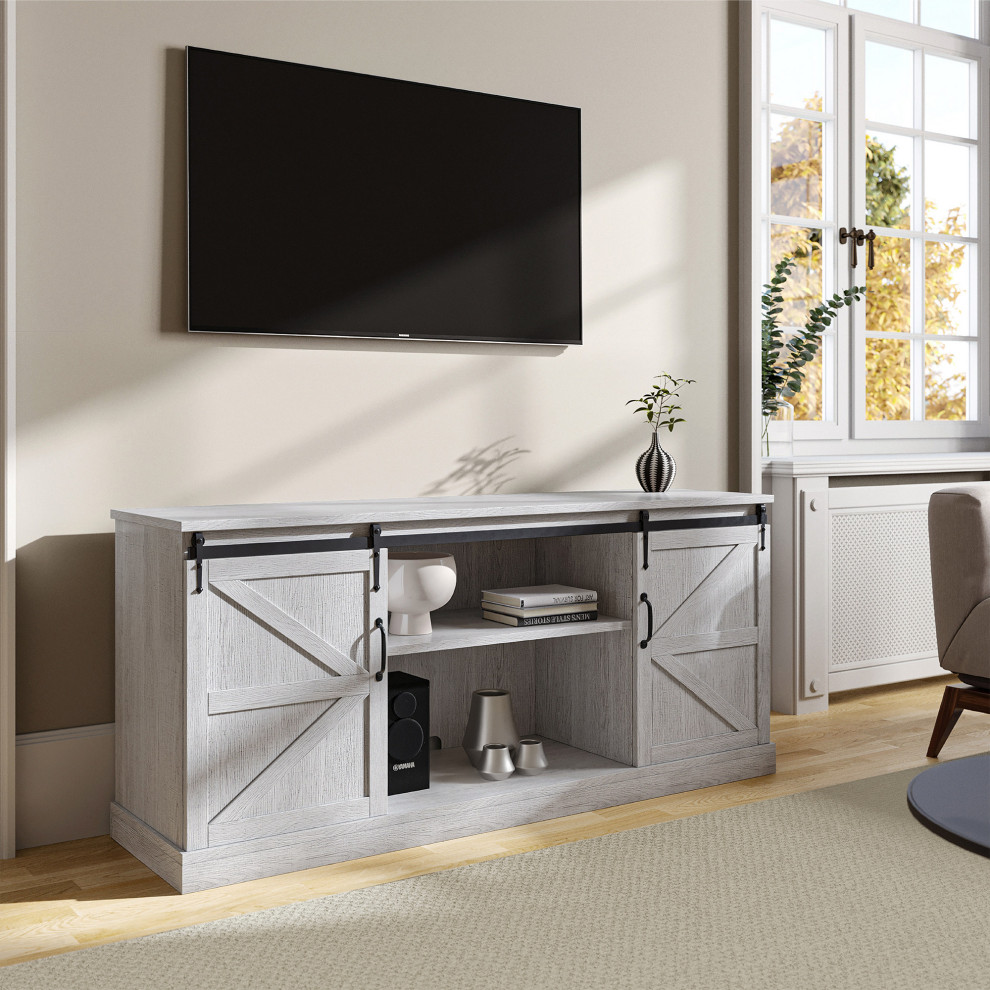 BELLEZE Modern Farmhouse Style 58 quotTV Stand With Sliding Storage   Transitional   Entertainment Centers And Tv Stands   by OneBigOutlet  Houzz