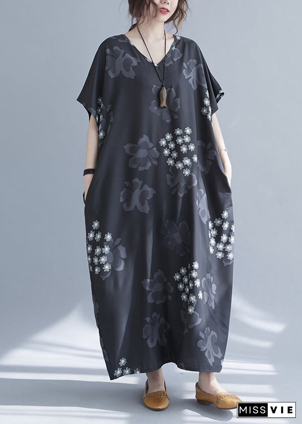 Baggy Black V Neck Snowflake Print Chiffon Long Dresses Short Sleeve