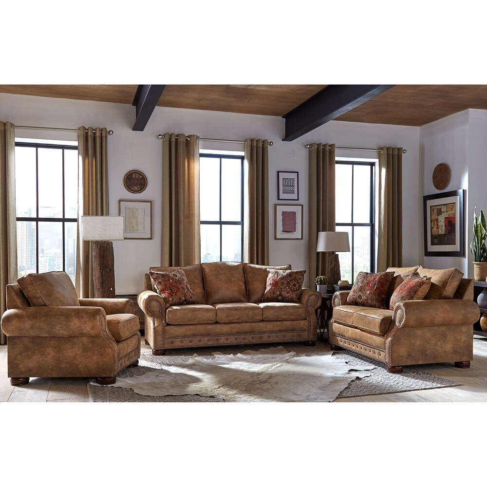 Made in USA Rancho Brown Buckskin Fabric Sofa  Loveseat and Chair Set