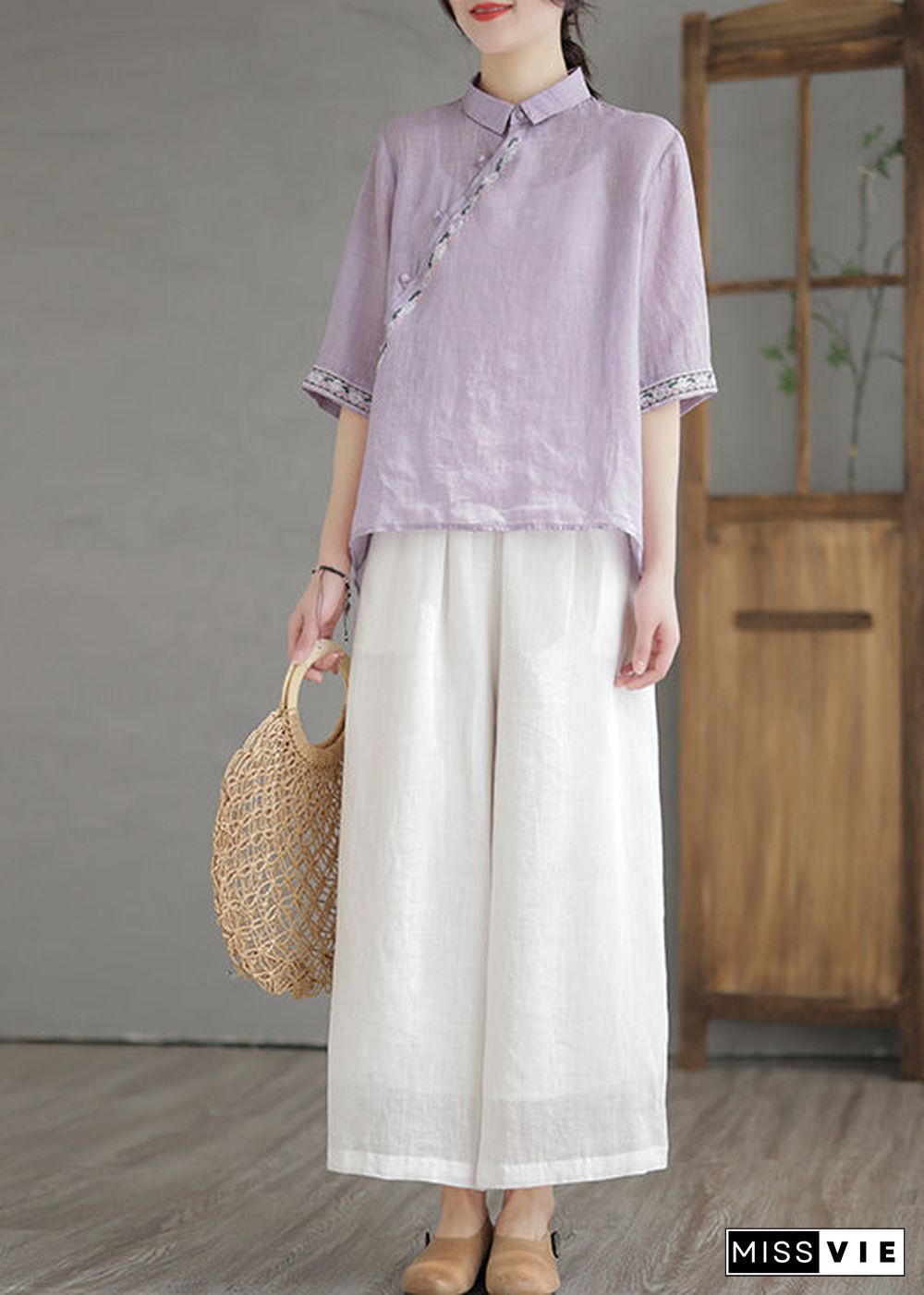 Vintage Purple Embroideried Linen Shirt Half Sleeve