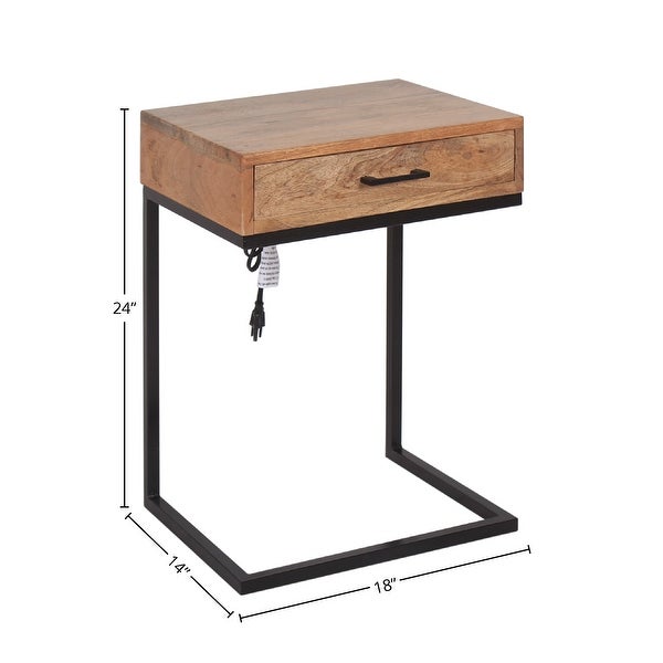 Preda Modern Mango Wood and Iron Accent C Table with Storage Drawer