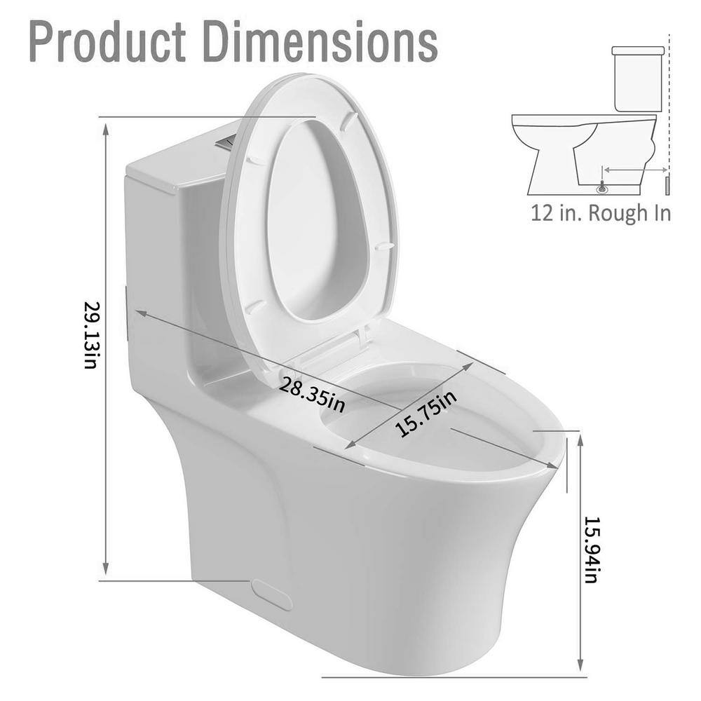 BTCSTAR Rough in 12 in. 1-piece 1.6 GPF Dual Flush Elongated High Efficiency Toilet in Glossy White Slow Closed Seat Included BTCMTL0912WH