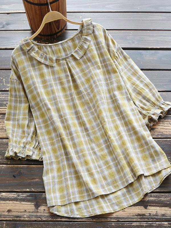 Loose lotus leaf collar plaid short-sleeved shirt casual lady style pullover shirt