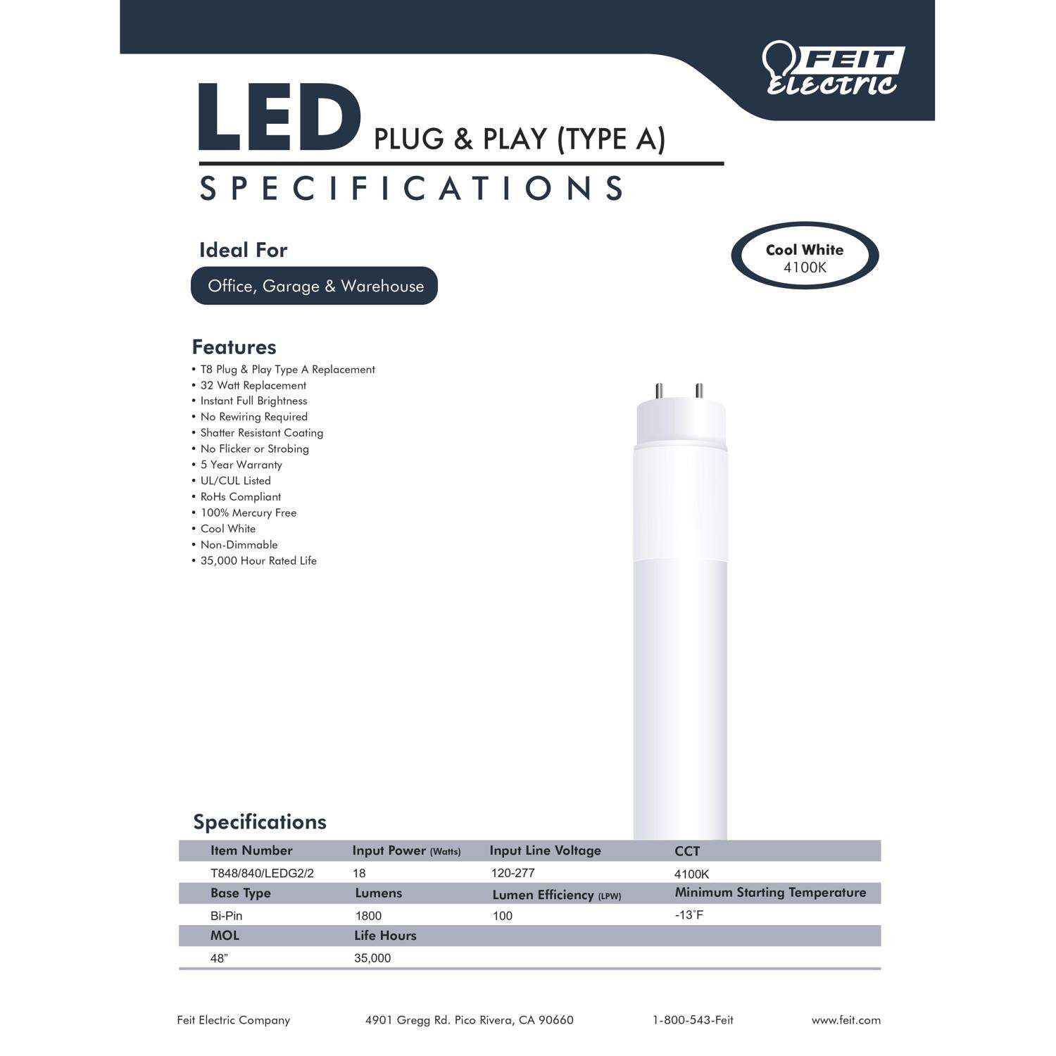 Feit Plug and Play Linear Lamp Cool White 47.5 in. Bi-Pin T8 LED Bulb 32 Watt Equivalence 2 pk