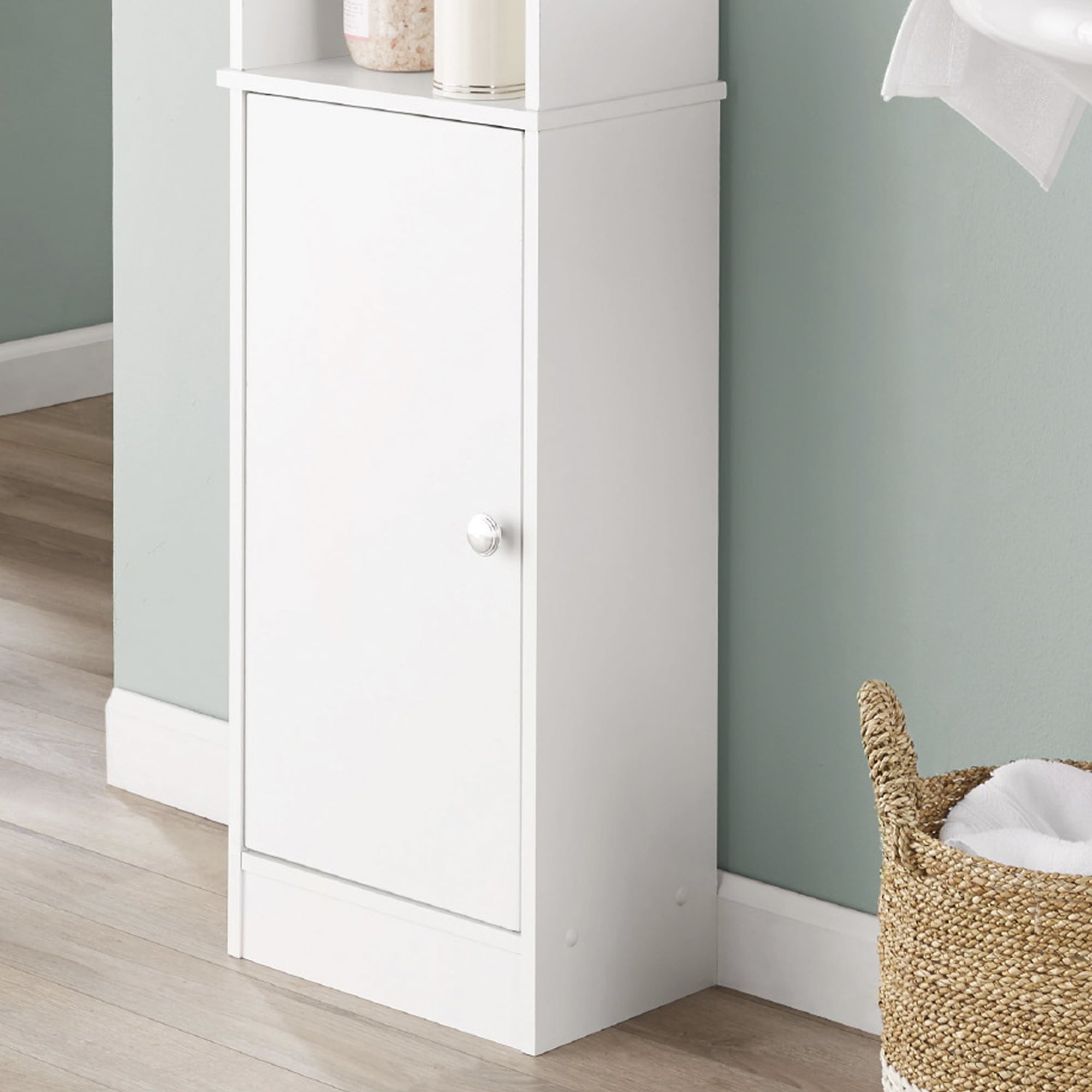 White Bathroom Storage Linen Tower with Open and Concealed Shelves, Mainstays