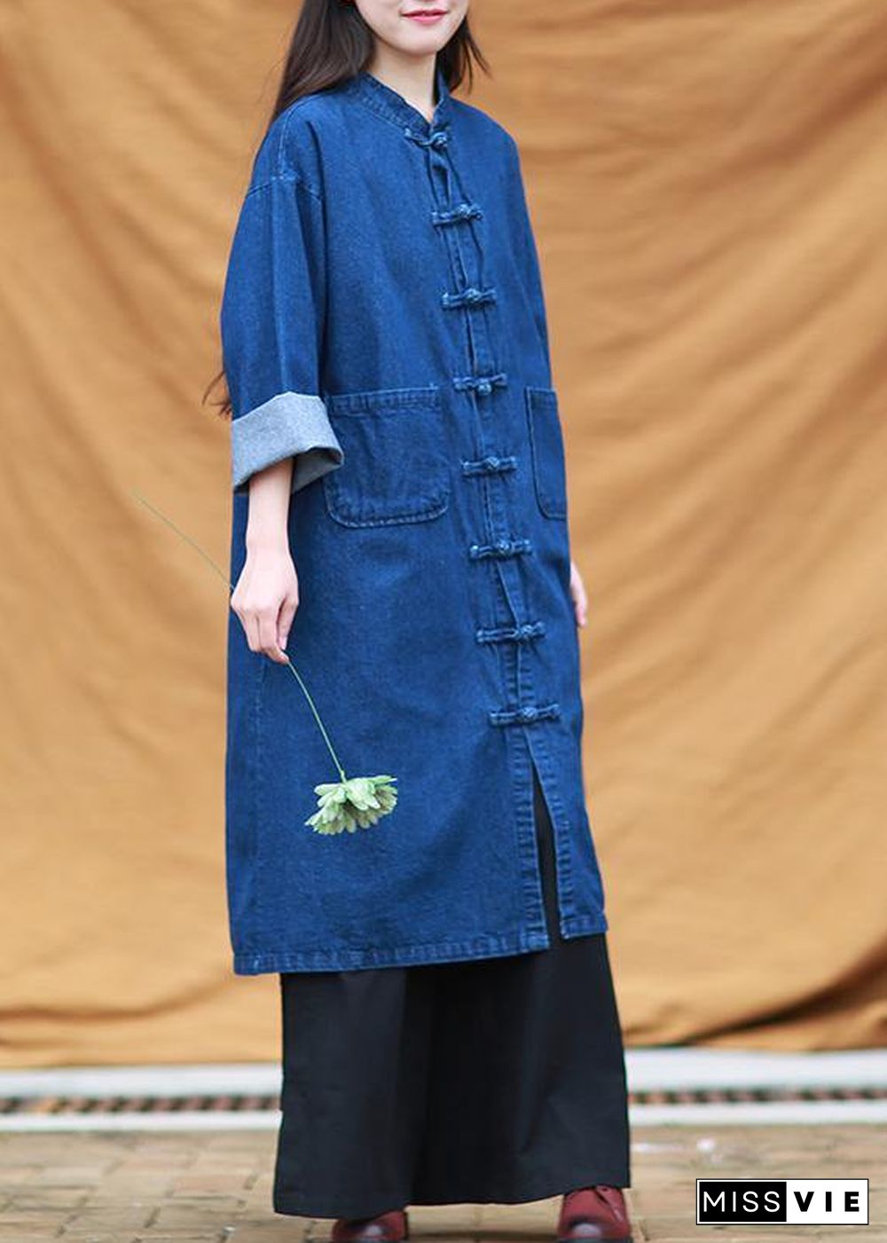 DIY denim blue tunic stand collar pockets Maxi Dress