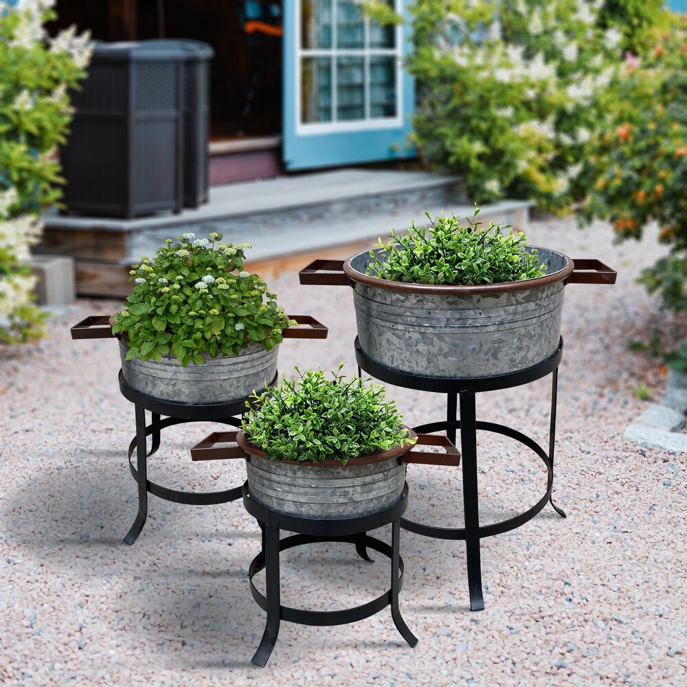 21  18  and 16 Inch 3 Piece Round Tub Metal Planter Set with Stand in Galvanized Gray and Black Iron