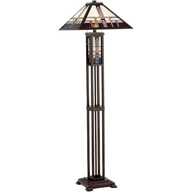 Tall Oiled Bronze With Nightlight Geometric Stained Art Glass Shade For Living Room Bedroom