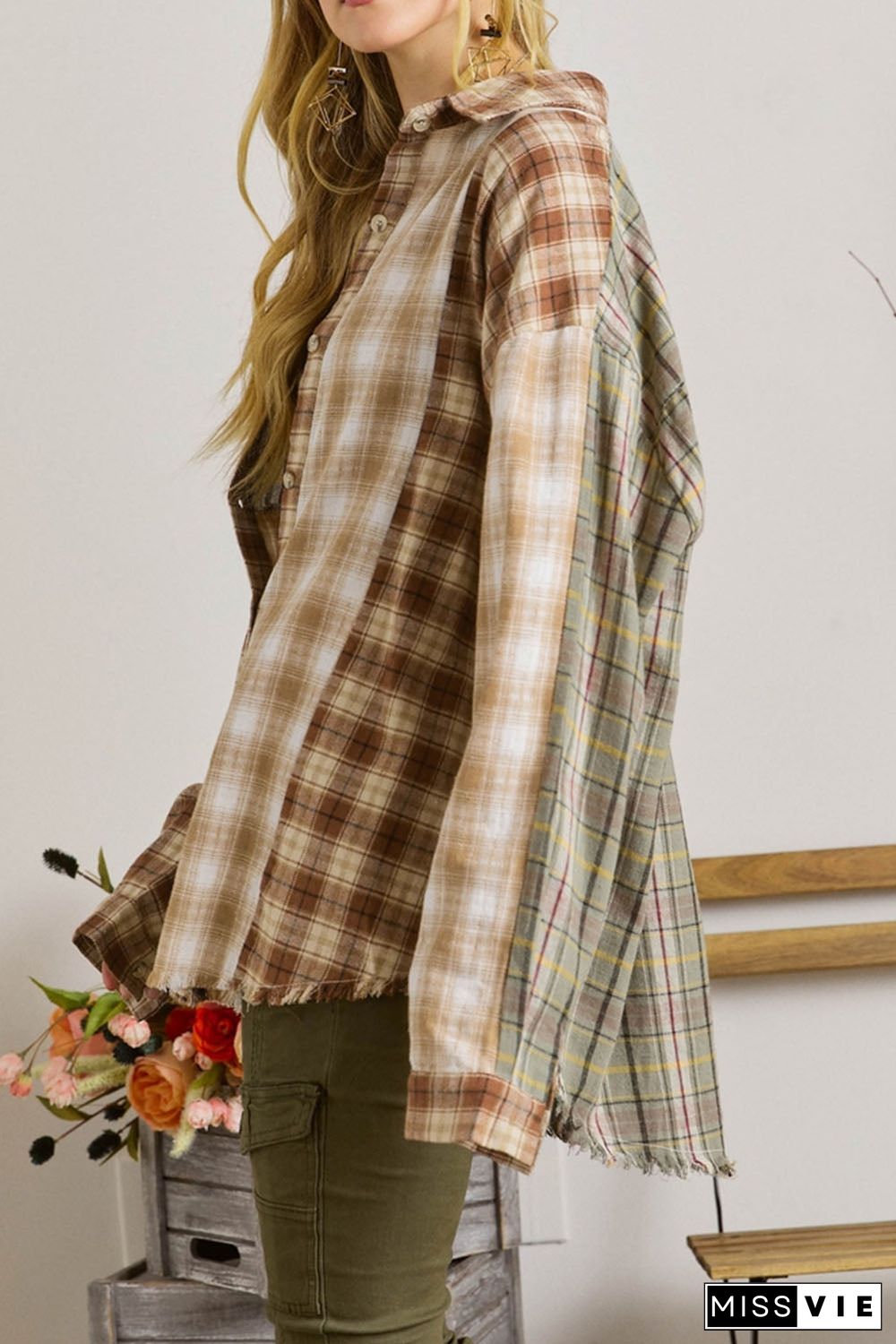 Brown Multi Plaid Patchwork Raw Edge Casual Shirt