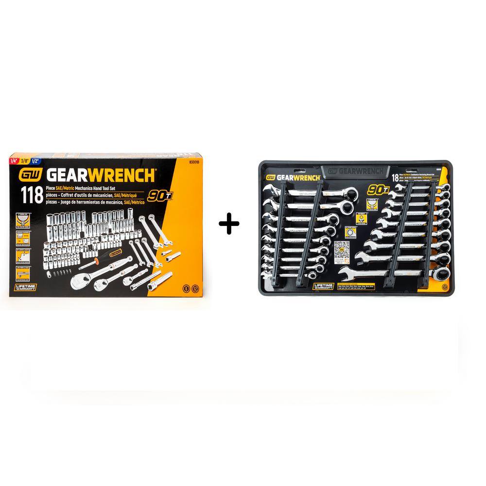 GEARWRENCH 14 in. and 38 in. SAEMetric Mechanics Tool Set with Combination Ratcheting Wrenches (124-Piece) 83001698COMBO