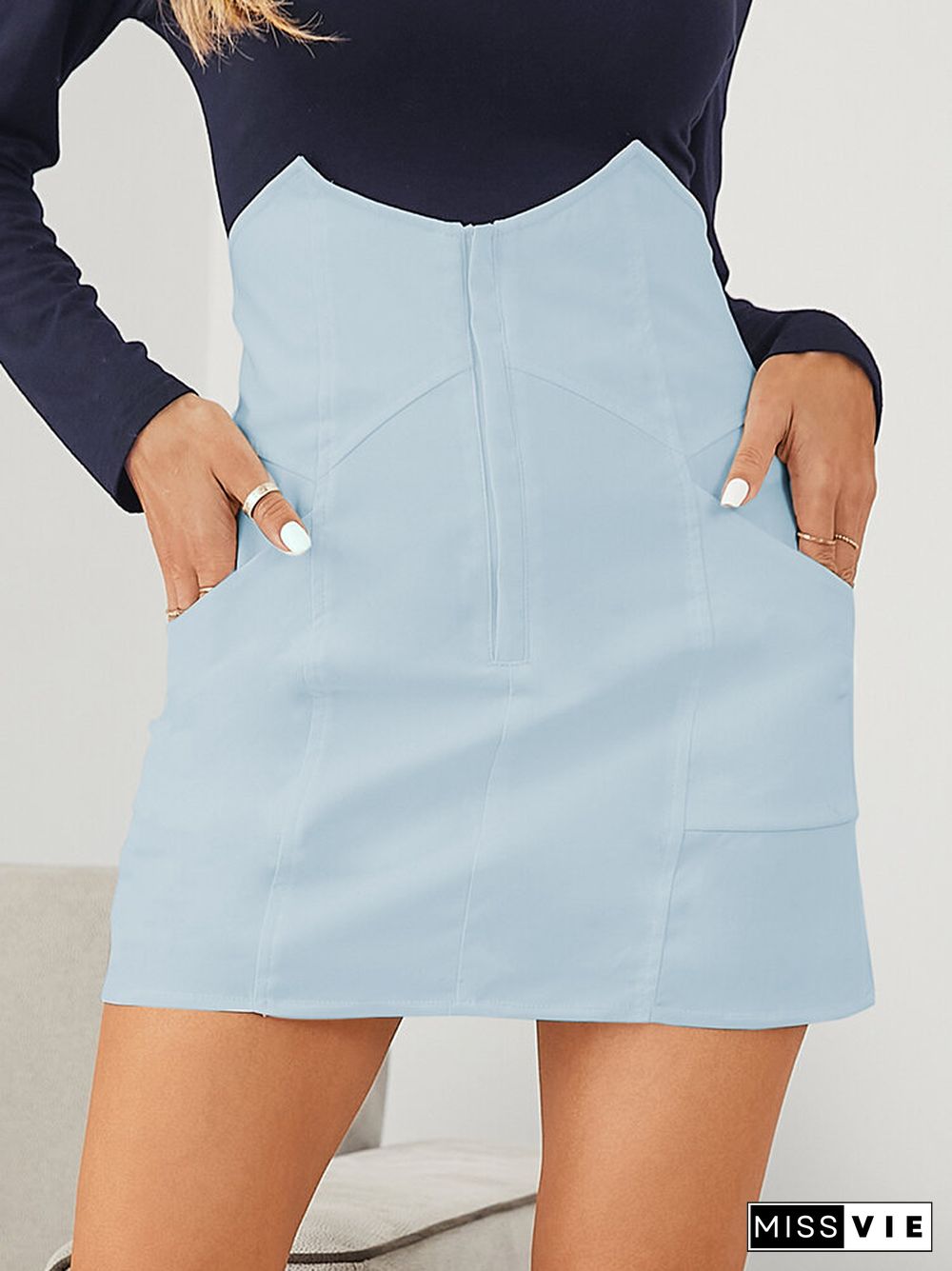 Solid Irregular High Waist Pocket Zipper Front Skirt