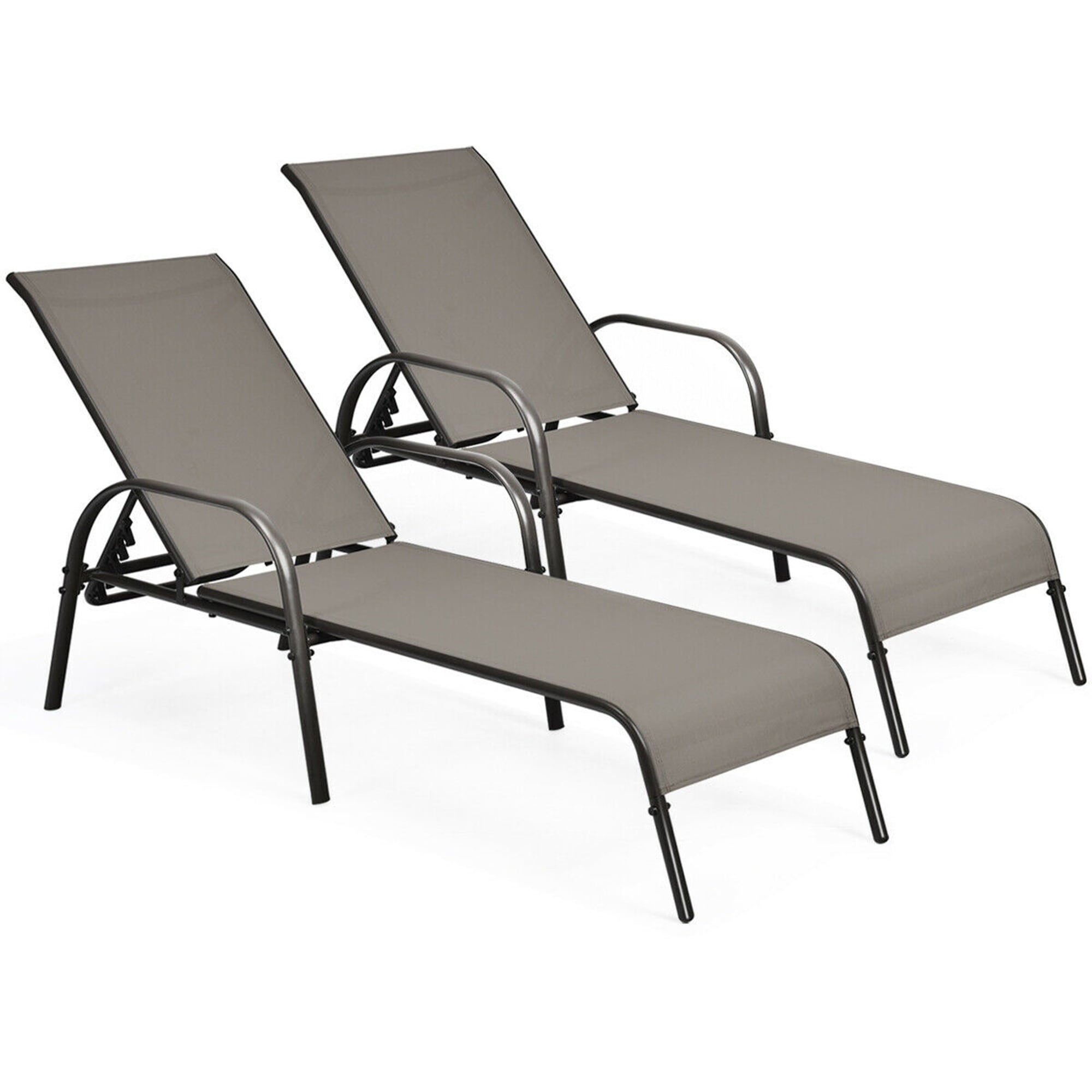 2PCS Adjustable Chaise Lounge Chair Patio Yard Outdoor w/ Armrest Brown