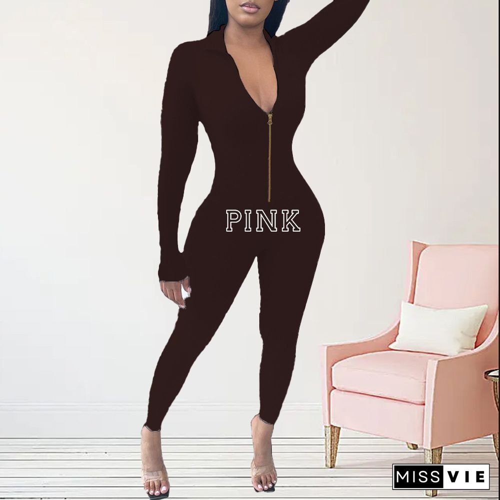 Fitness Long Sleeve Zipper Bodycon One Piece Jumpsuit