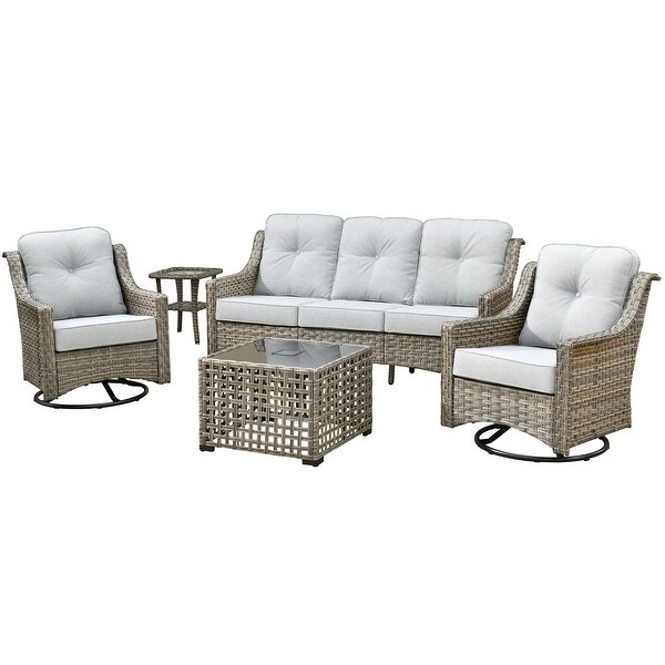 HOOOWOOO 5piece Patio Wicker Furniture Conversation Set with Swivel Chair and Coffee Table