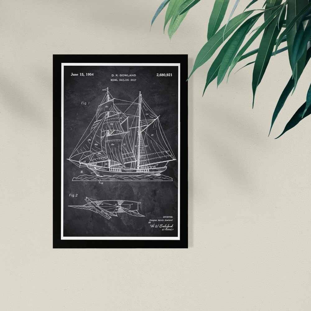 Wynwood Studio Nautical and Coastal Framed Wall Art Prints 'Model Sailing Ship 1954 ' Nautical Watercrafts   Black  White