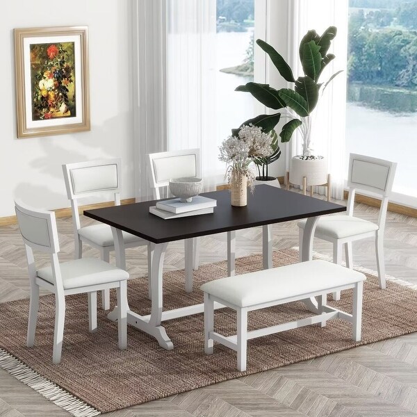 6Piece Trestle Dining Table Set w/ Upholstered Dining Chairs and Bench