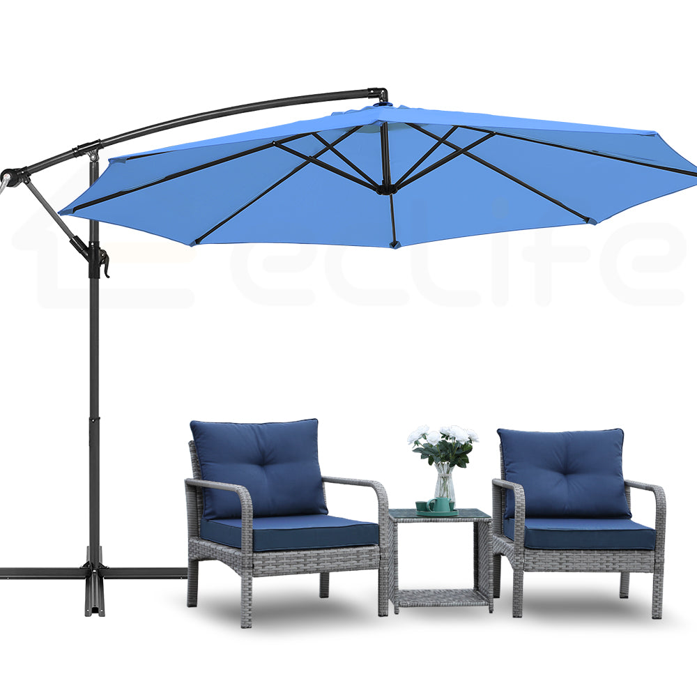 Eclife 10ft Outdoor Patio Cantilever Hanging Tilt Offset Umbrella with Vent Cross Stand 8 Ribs, Blue