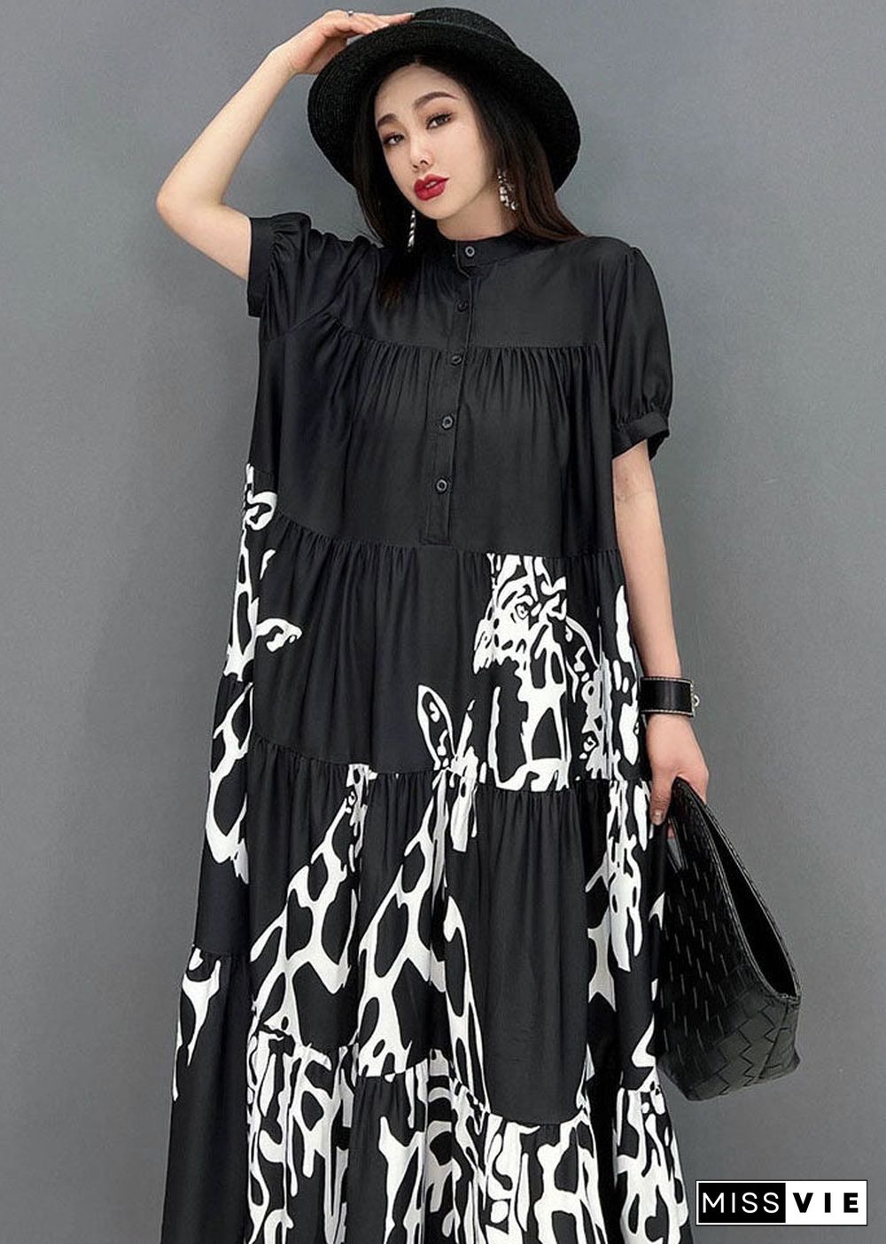 French Black Stand Collar Print Wrinkled Shirt Dresses Short Sleeve