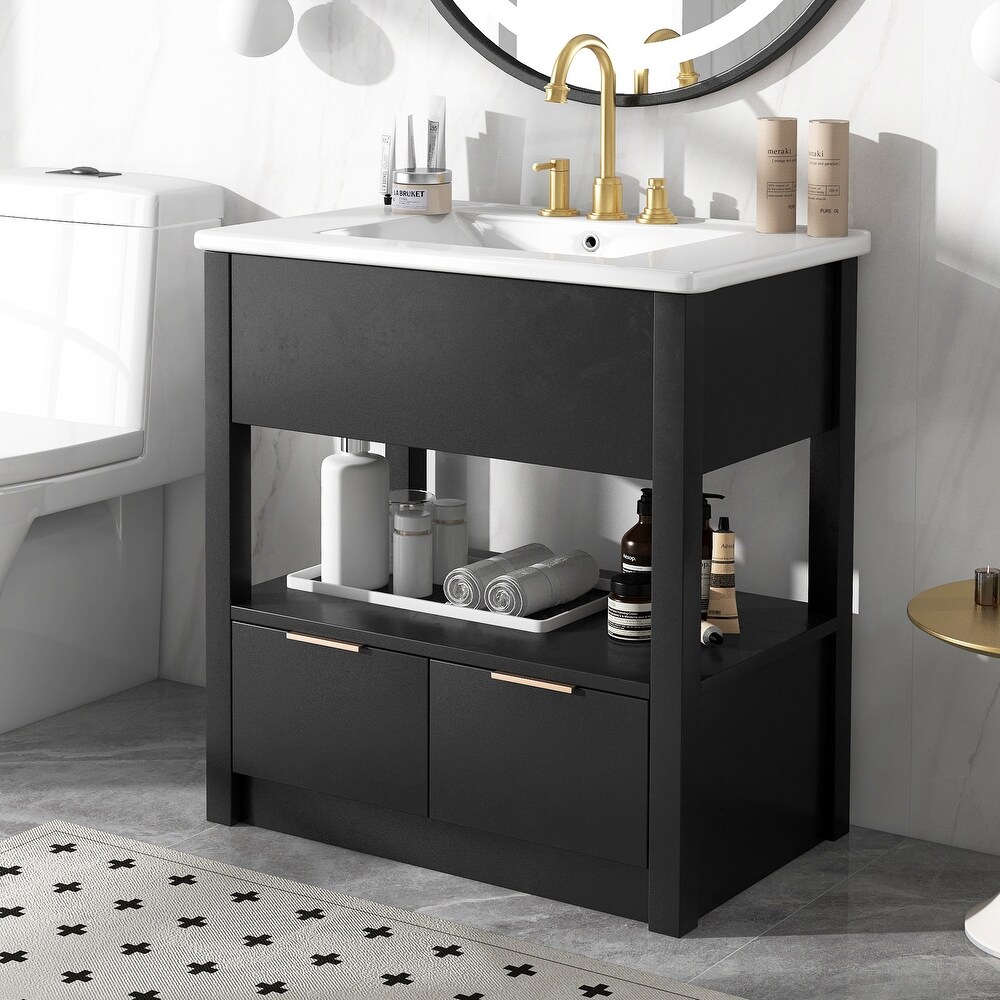 Multifunction Vanity with Ceramic Sink  Bathroom Sink Counter  Open Storage Shelf with 2 Drawers  Toilet Standing Cabinet