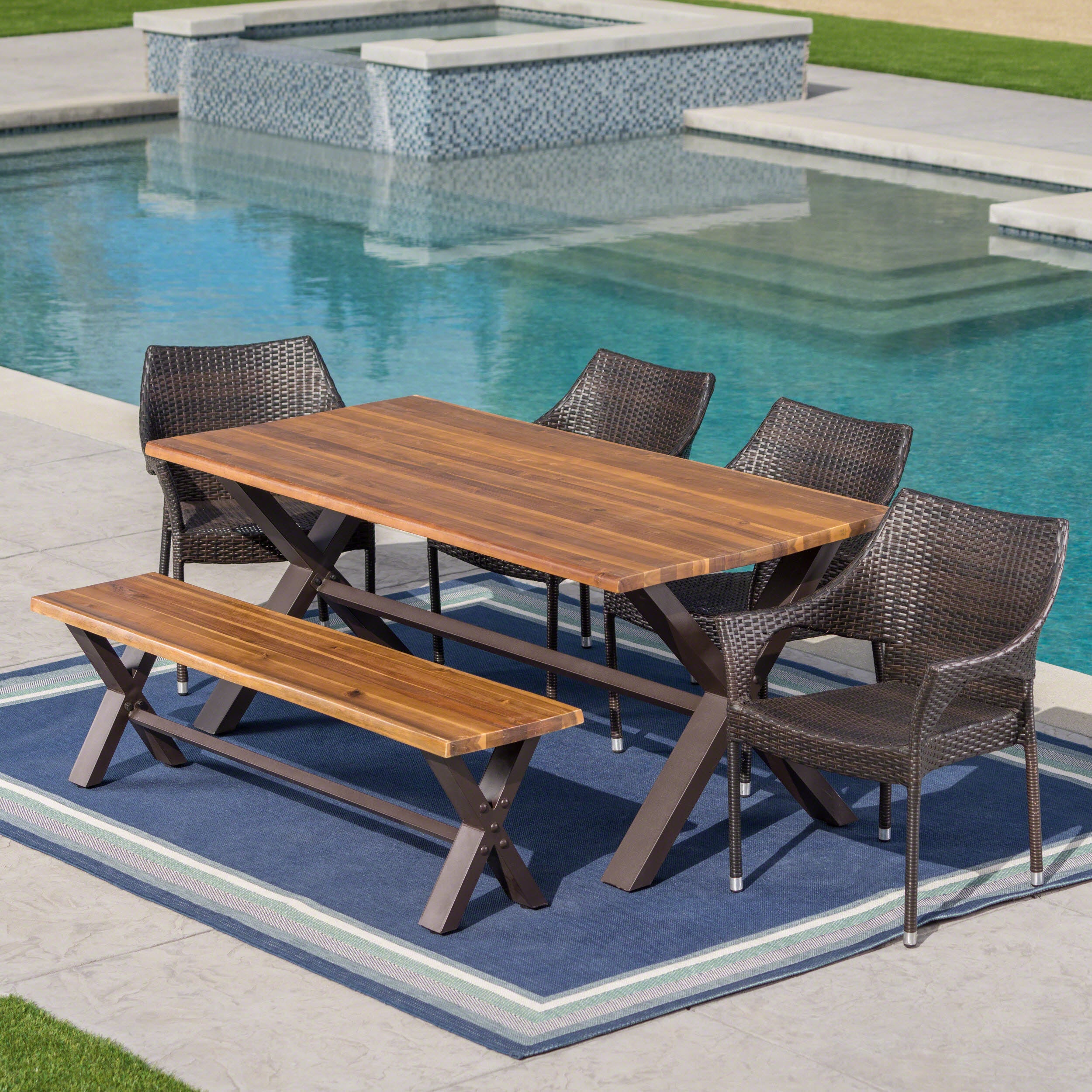 Lakeside Outdoor 6 Piece Acacia Wood Dining Set with Wicker Stacking Chairs